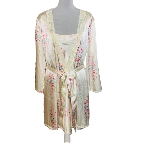 Pink K Floral Sleepwear Size L Satin Robe Nightgown Set Lace Trim Belted VTG Y2K - Picture 16 of 16